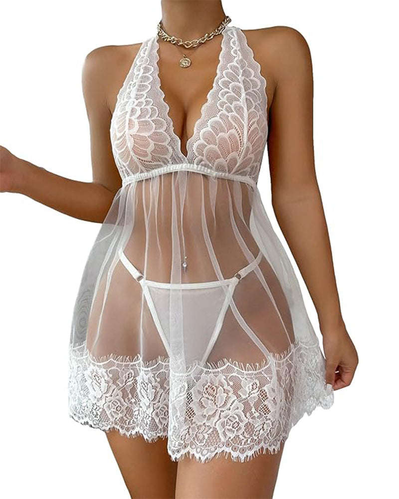 Adrianna™ | Koronkowa Halter Babydoll z Stringiem
